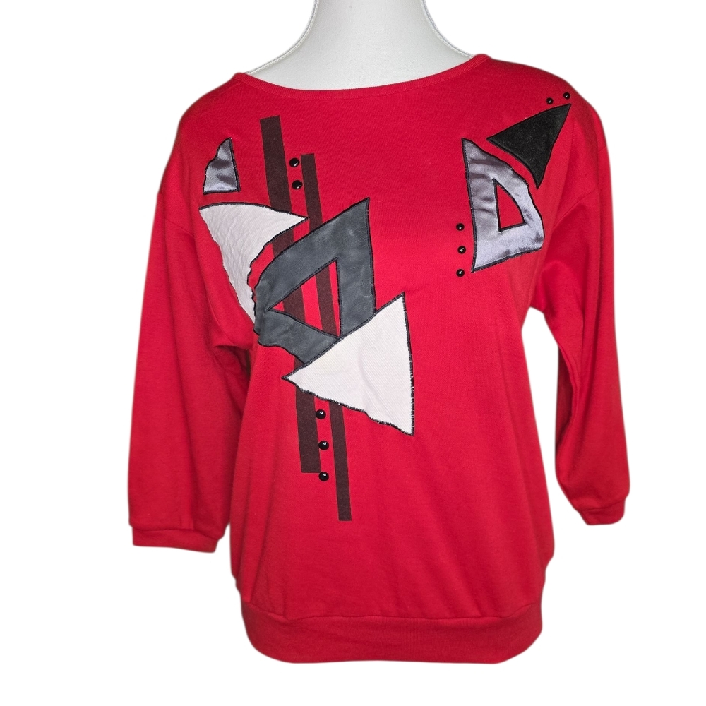 Vintage 1980s Mixed Media Artistic Red Patchwork Sweater Size Large